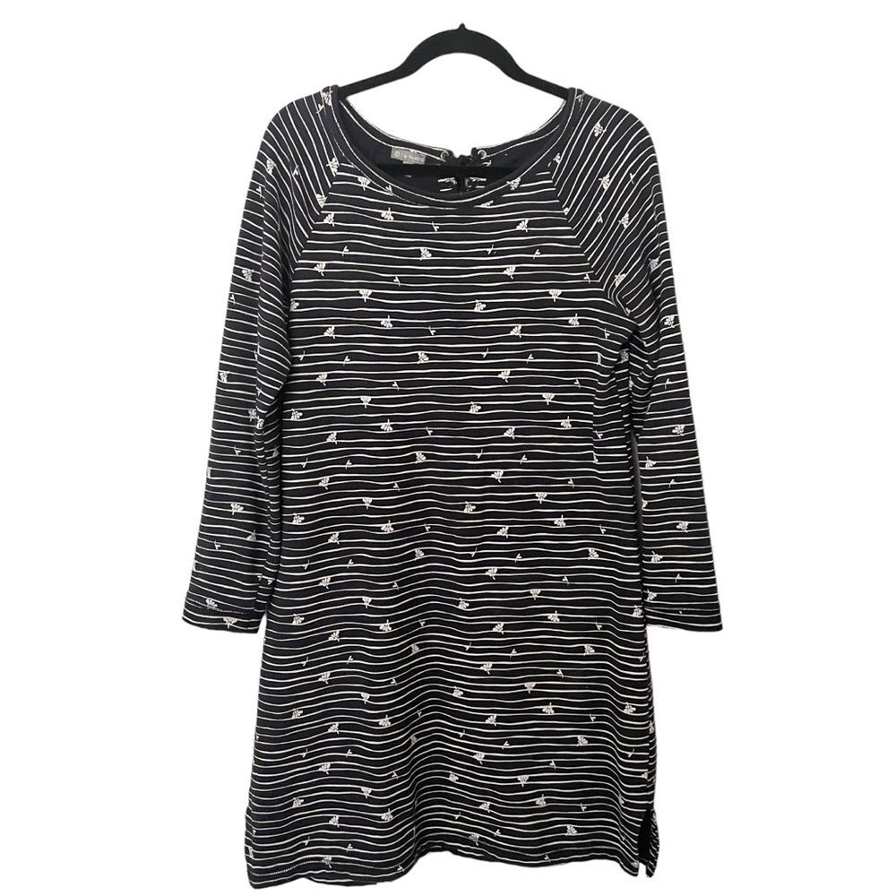 T by Talbots Striped Floral Cotton Navy T-Shirt Dress Size M w/Lace Up Back